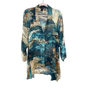 CITRON Santa Monica Button Silk Blend Teal Blue Asymmetric Blouse Floral Abstrac